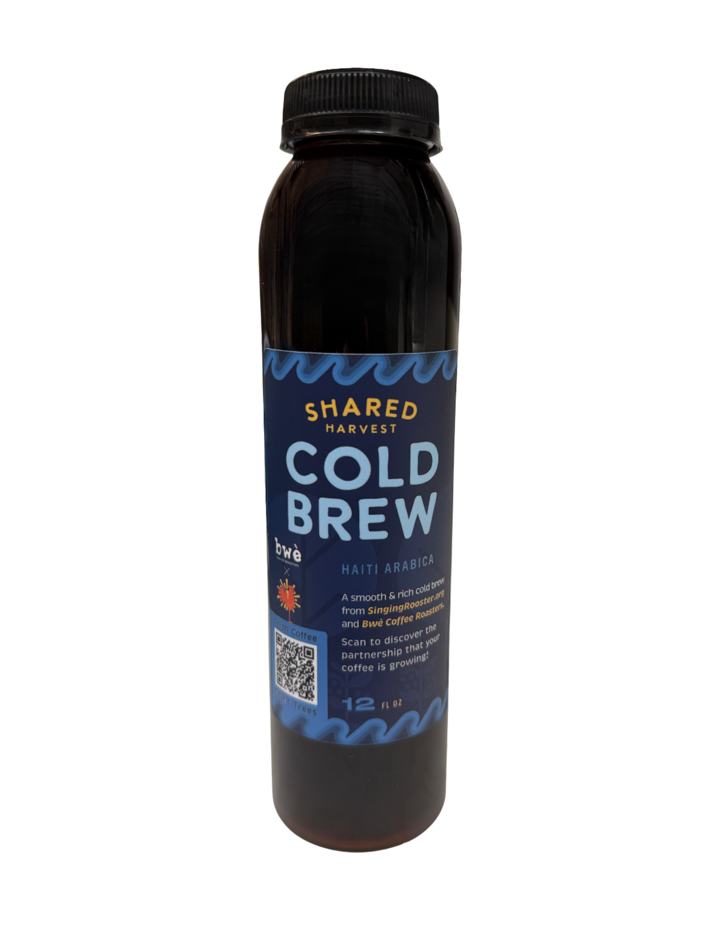 Bottle of Shared Harvest Cold Brew coffee with a navy blue label and cap.