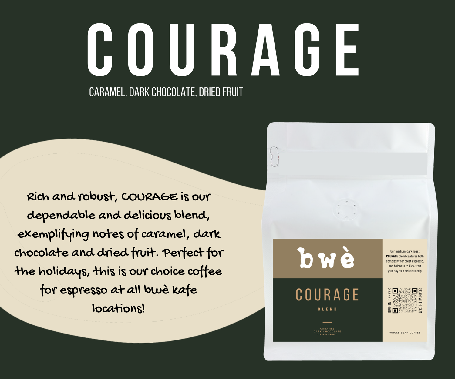 Packaging for Courage coffee blend featuring a white bag with a tan label, describing the coffee's flavor notes of caramel, dark chocolate, and dried fruit, with a QR code and a coffee shop name.