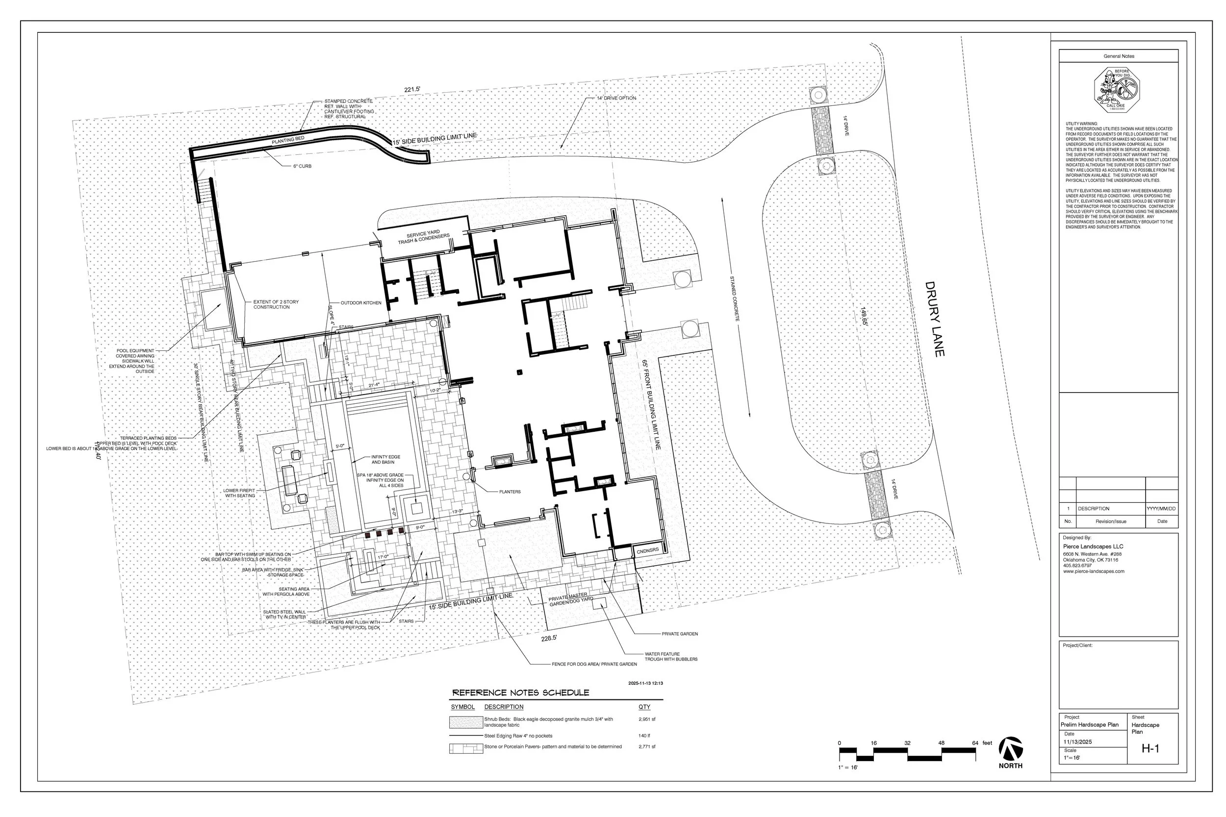Architectural site plan showing layout of a residential property with labeled areas such as outdoor kitchen, service yard, infinity edge pool, private garden, parking, and landscaping details, along with measurements and notes.