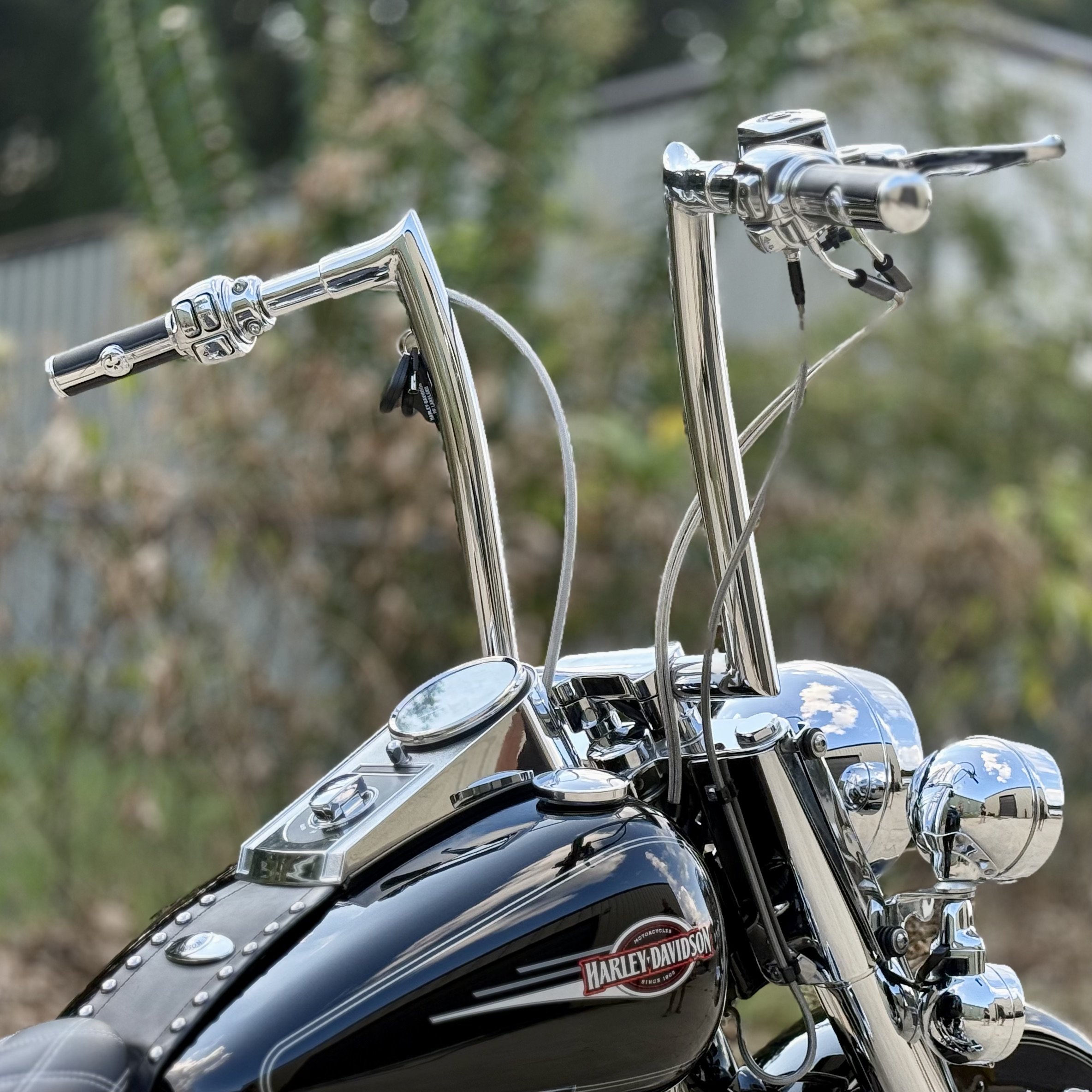Close-up of a black Harley-Davidson motorcycle's handlebars, windshield, and chrome details, with the Harley-Davidson logo on the fuel tank, outdoors with trees and sky reflected in the chrome.