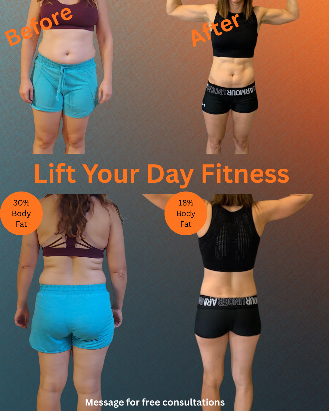 Before and after photos of a woman demonstrating fitness progress, with text indicating a reduction in body fat from 30% to 18%, and promotional message for a fitness program and personal training with a free consultation for Lift Your Day Fitness.