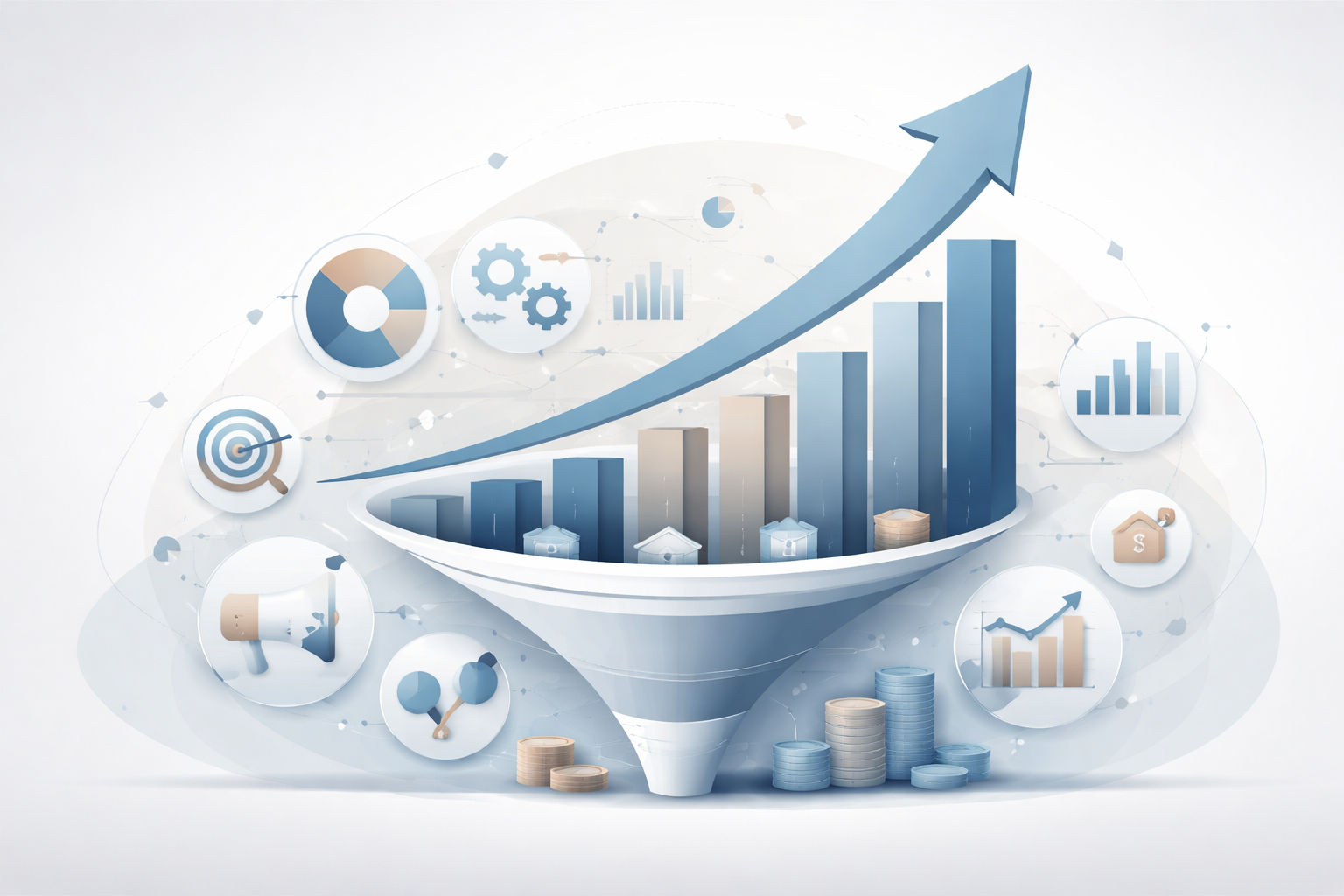 A business growth infographic showing a funnel with rising bar graphs, an upward arrow, and various icons like gears, target, graphs, house, and coins, indicating progress and success.