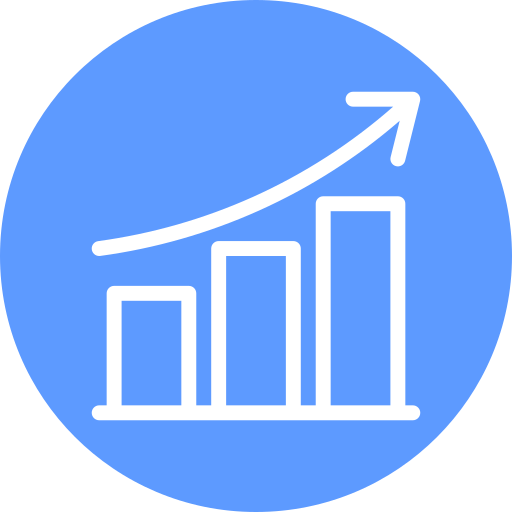 Blue circular icon with a white rising bar chart and upward arrow indicating growth or increase.