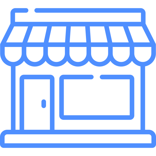 Line drawing of a storefront with a striped awning.