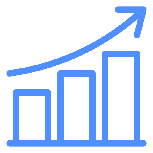 Blue bar chart with three bars increasing in height, and an upward arrow indicating growth or progress.