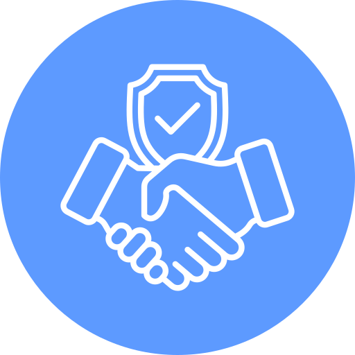 Icon of two hands shaking with a shield and checkmark above them, symbolizing security or agreement.