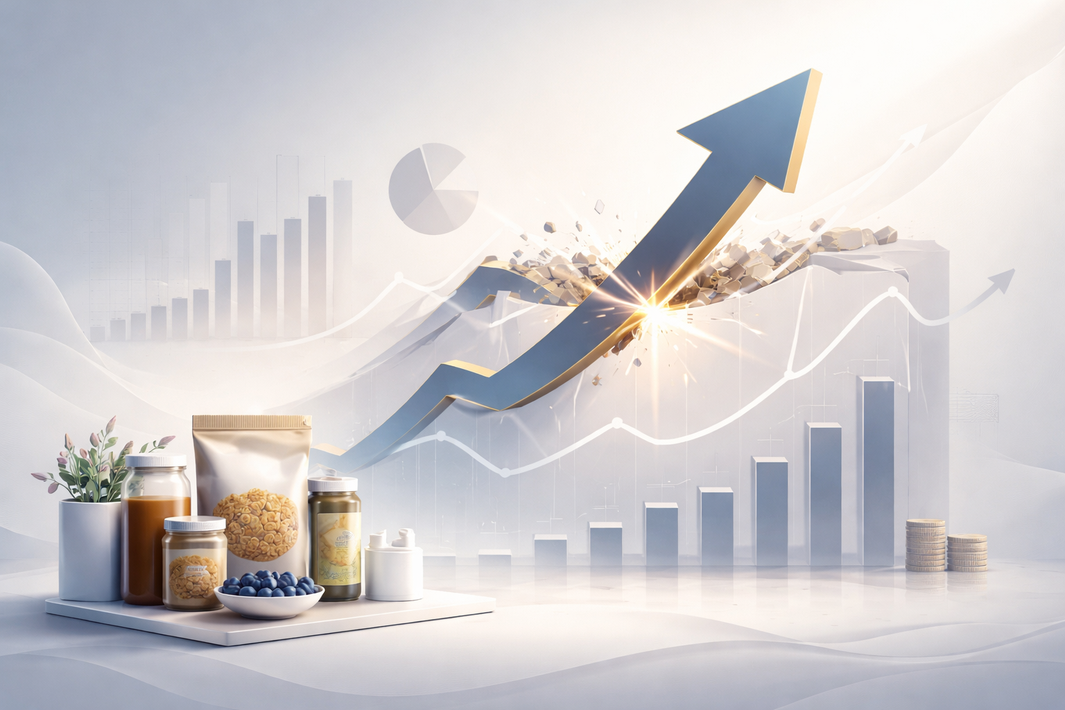 A large upward arrow breaking through a surface with an explosion, symbolizing growth. In the foreground, there are various health supplements, including bottles, jars, a potted plant, and blueberries, with a background of financial charts and graphs indicating economic or business growth.