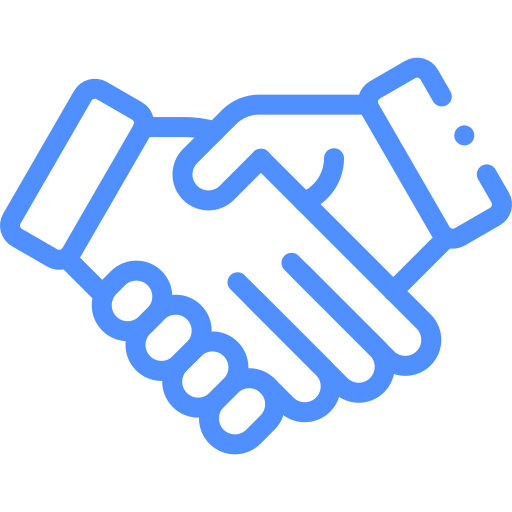 Blue outline icon of two hands shaking.
