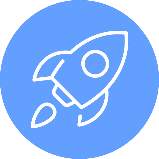Icon of a rocket ship inside a blue circle.