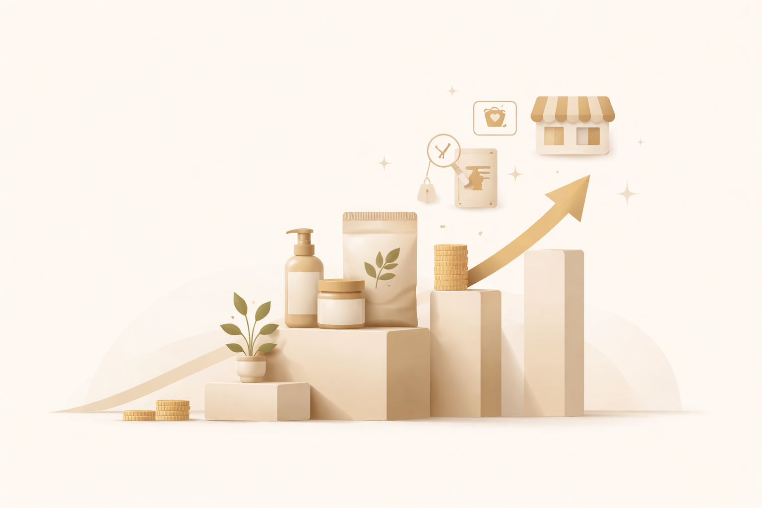 A minimalist graphic showing health and wellness products, a small plant, and increasing bar graph with an upward arrow, symbolizing growth or success, with icons of a clock, shopping bag, and store in the background.