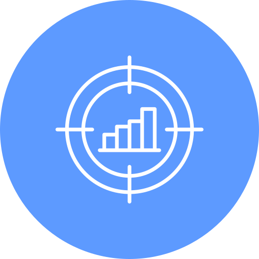Icon of a bar chart with increasing bars inside a target or crosshair symbol, on a blue background.