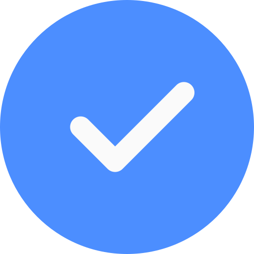 White check mark inside a blue circle.
