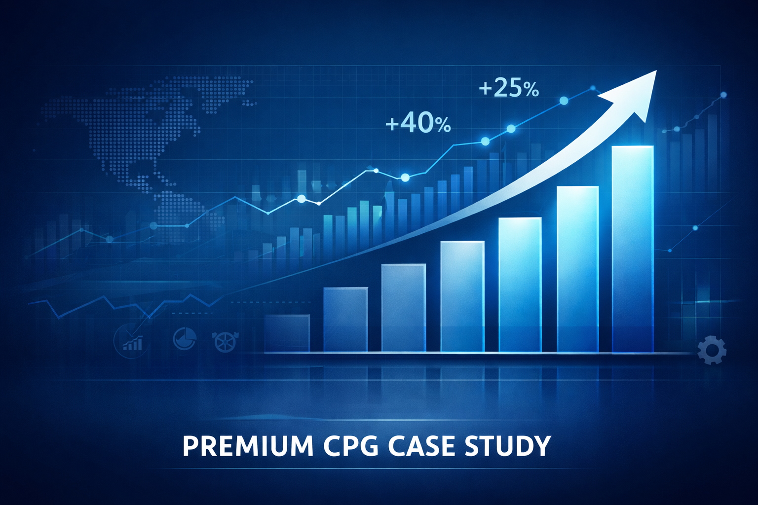 A digital graph showing an upward trend with bar charts, line graphs, and percentage increases, over a world map background, titled 'Premium CPG Case Study' in white text at the bottom.