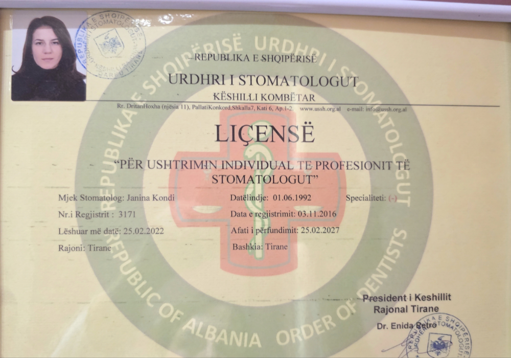 Albanian dental license issued to Dr. Janina Kondi, dated June 1, 1992, valid until February 25, 2027, in Tirana.