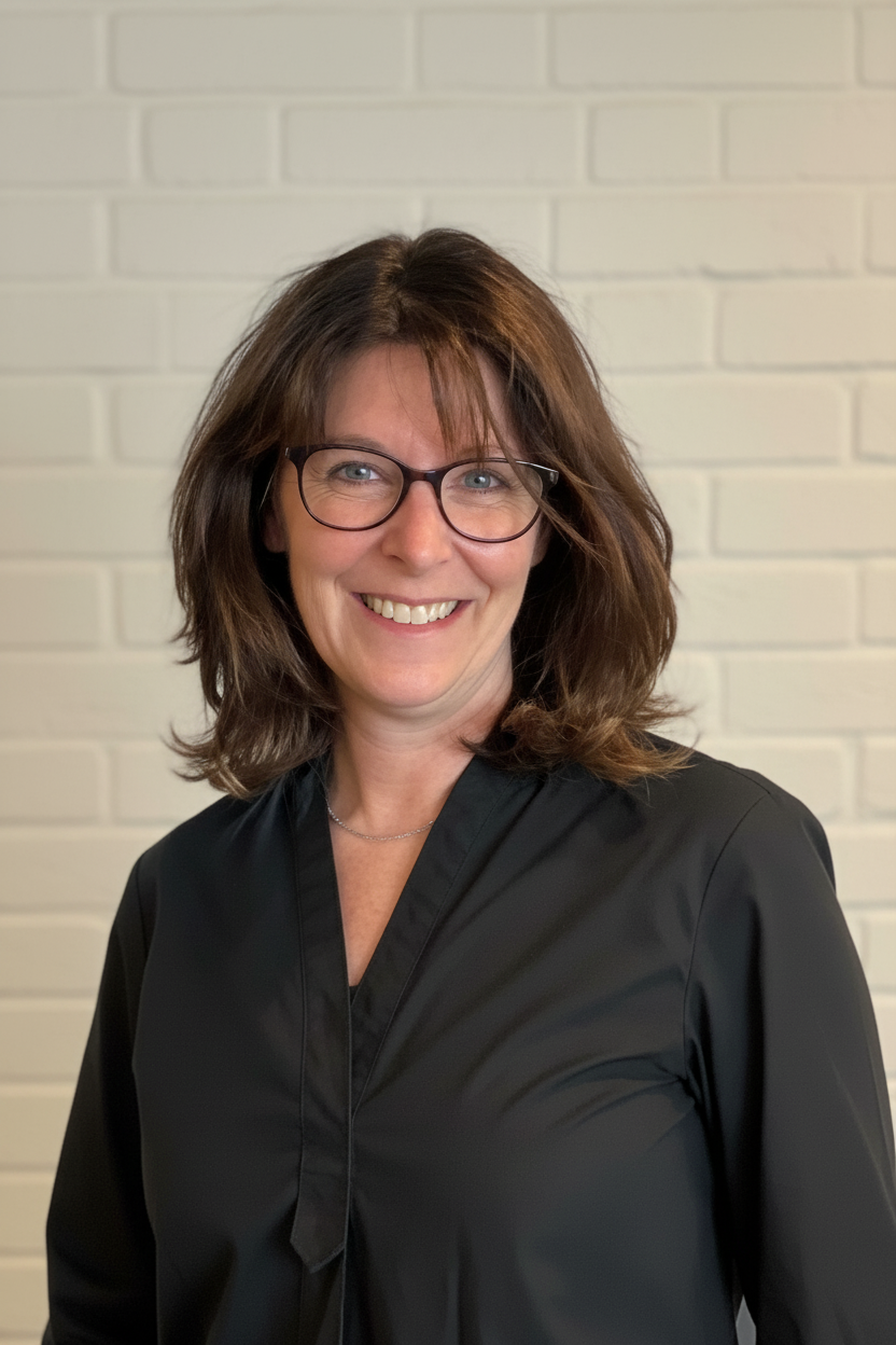 Jennifer Summer senior systemic psychotherapist and trainer at Systemic Perspectives UK. A woman with shoulder-length brown hair, glasses, and a black professional outfit standing in front of a white brick wall, smiling at the camera.