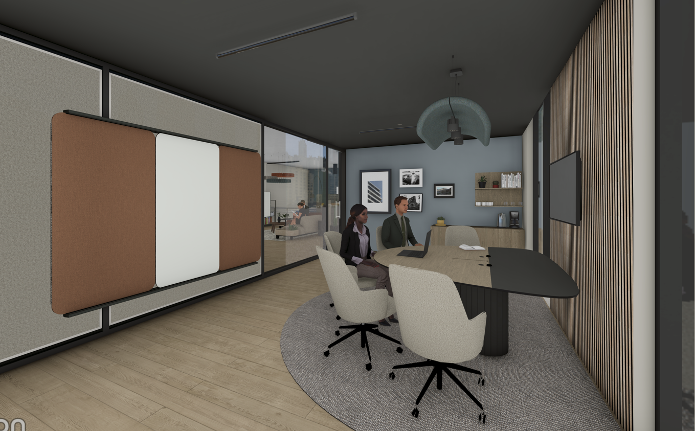 Modern office conference room with two people working on a laptop at a round table, surrounded by chairs, with glass walls, wall art, and shelving in a professional setting.