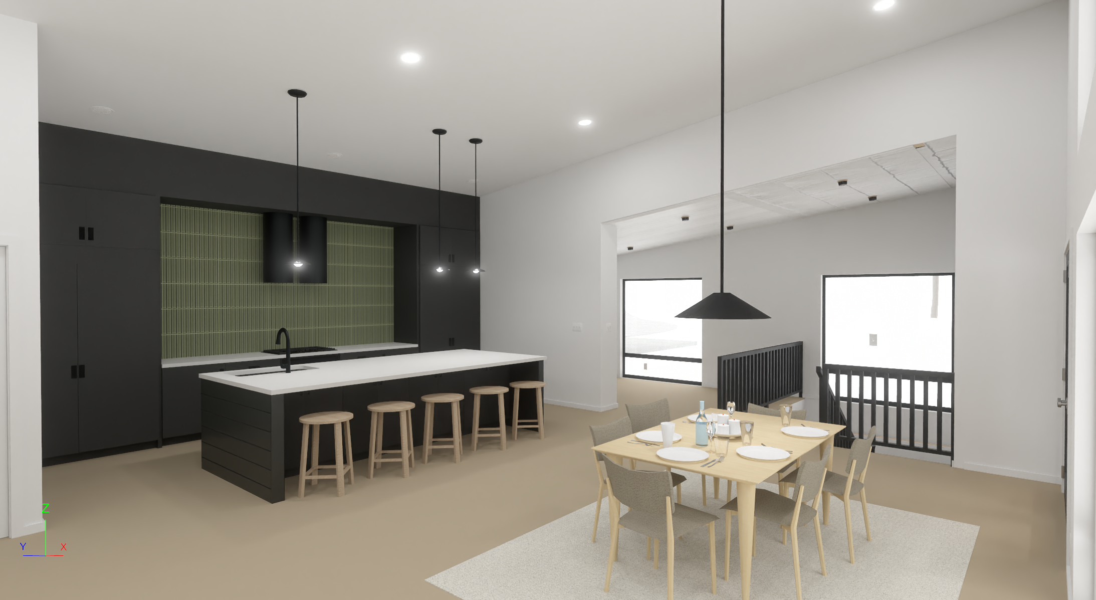 Modern open-concept kitchen and dining area with black cabinetry, island with light wood stools, and a dining table set for six with beige chairs. Features include recessed ceiling lights, hanging pendant and cone-shaped light fixtures, large windows