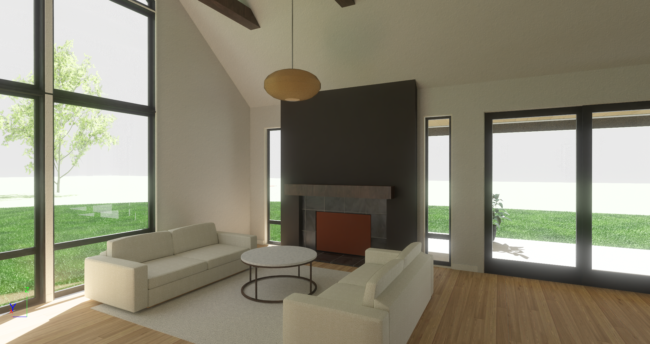 Living room with large windows, two beige sofas, a marble-topped coffee table, a black accent wall with a fireplace, a pendant light, hardwood flooring, and a door leading outside to a grassy yard with trees.