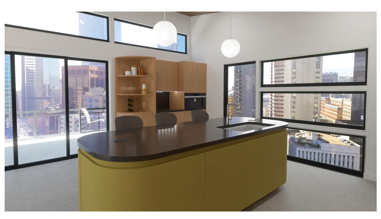 Modern kitchen with a yellow island and a city view through large windows.