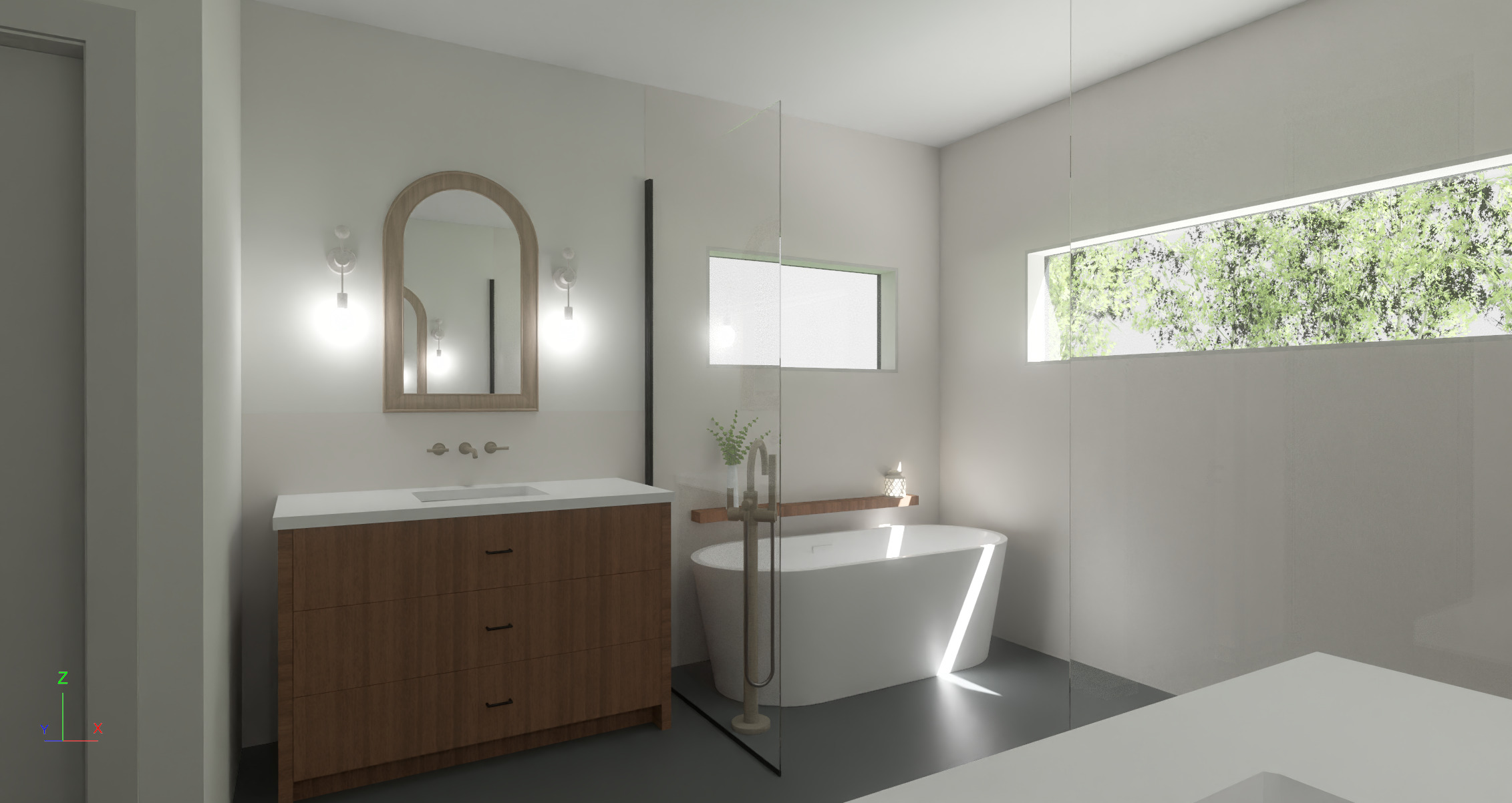 Modern bathroom with white bathtub, wooden vanity, mirror with wooden frame, and large horizontal windows showing green trees outside.