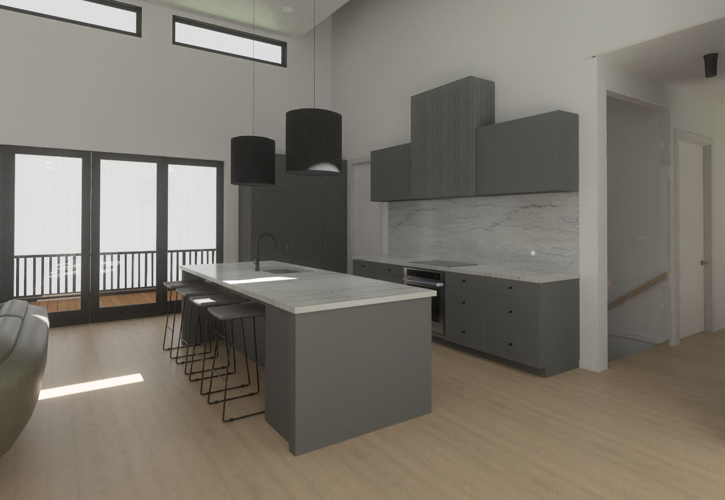 Modern kitchen with grey cabinets, marble backsplash, island with stools, and large windows.