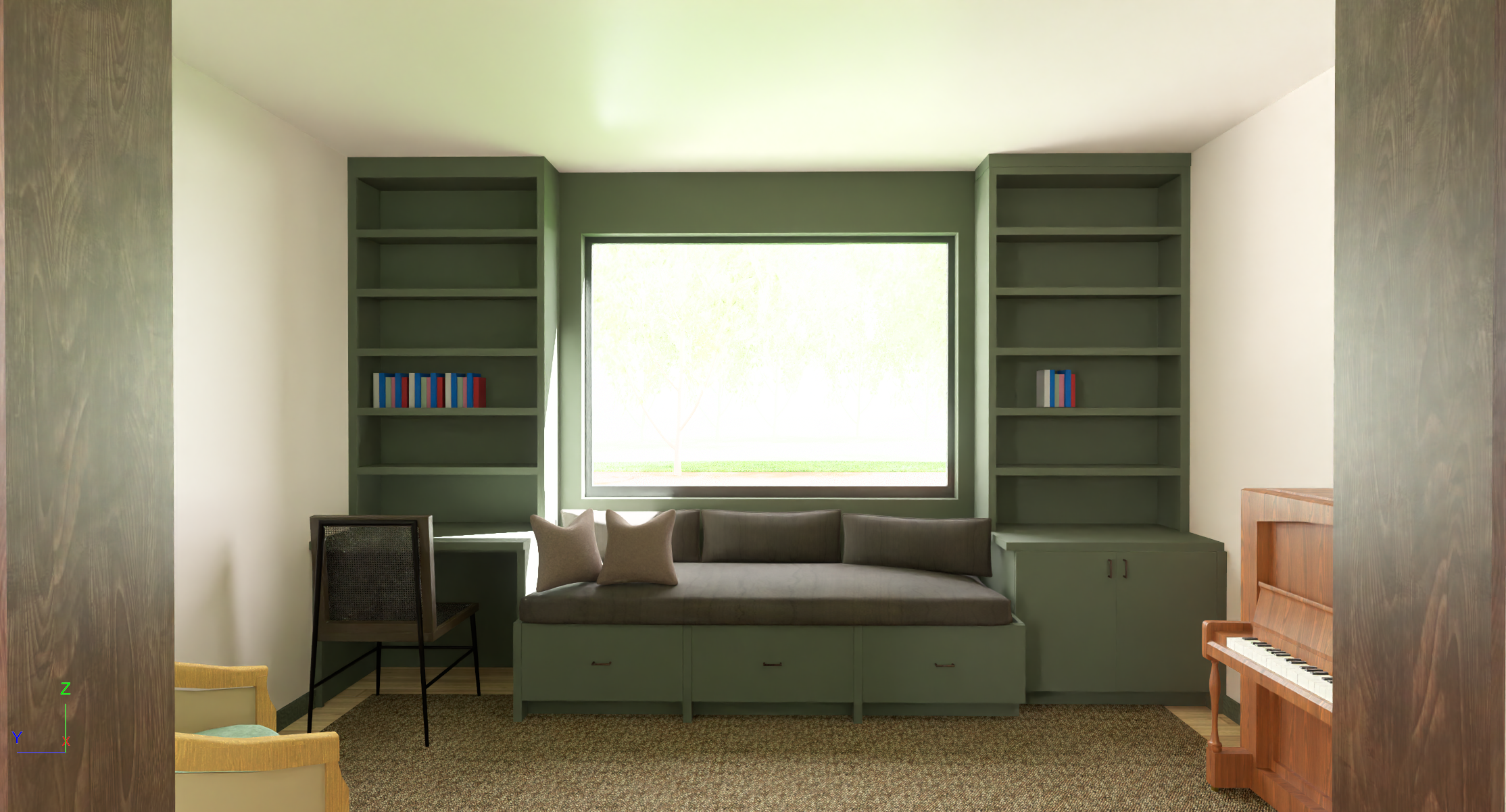 Living room with built-in green shelves, a window with outdoor greenery, a cushioned window seat with pillows, a black desk with a chair, a small wooden armchair, and a wooden upright piano.