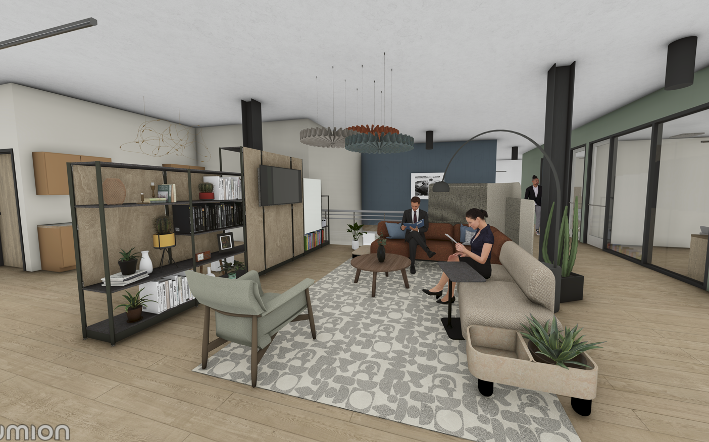 Modern office lounge with people using tablets, plants, books, and decorative lighting fixtures.