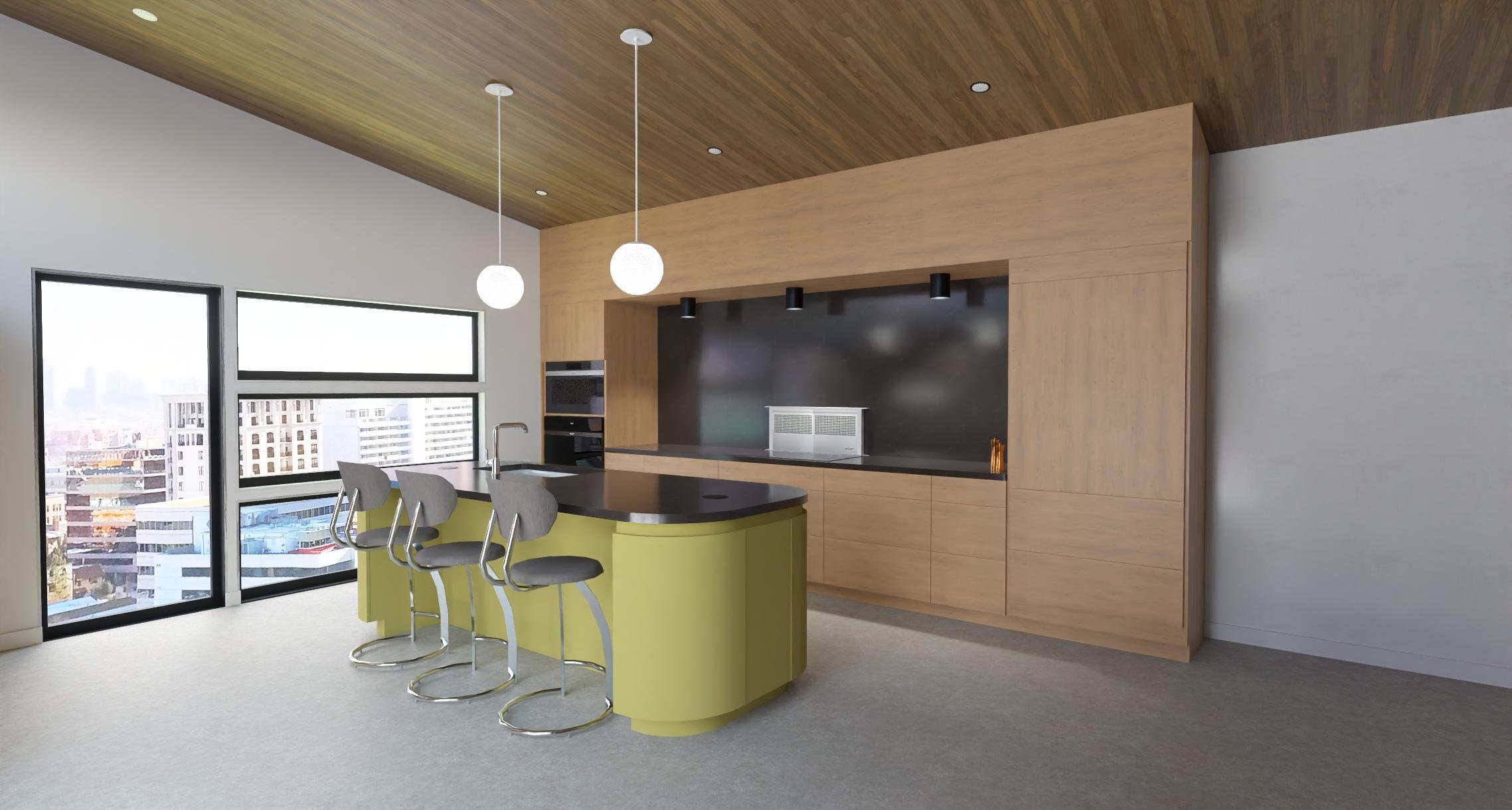 Modern kitchen with large windows, a yellow island with a dark countertop, three gray bar stools, wooden cabinetry, and built-in appliances.