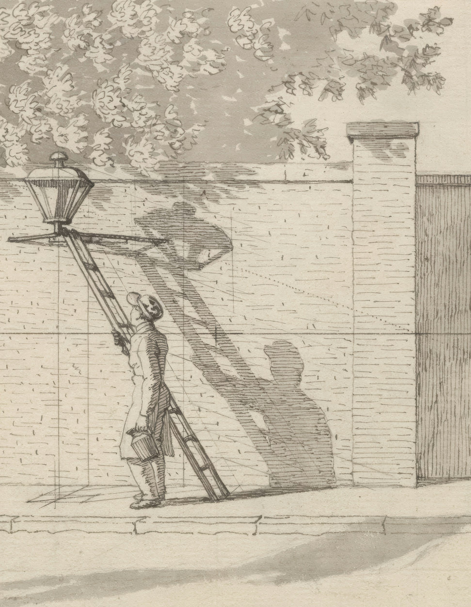 A detailed black-and-white sketch of a person climbing a ladder. The individual is smiling and wearing striped pants, with a hat in their hand. There is a large outdoor lamp post and a brick wall with a wooden fence in the background. The scene includes trees with dense foliage overhead.