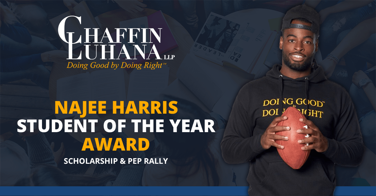 A young man wearing a black hoodie holding a football, standing next to a banner with the text 'Najee Harris Student of the Year Award, Scholarship & Pep Rally' and a logo for Ghaffin Luhana LLP.