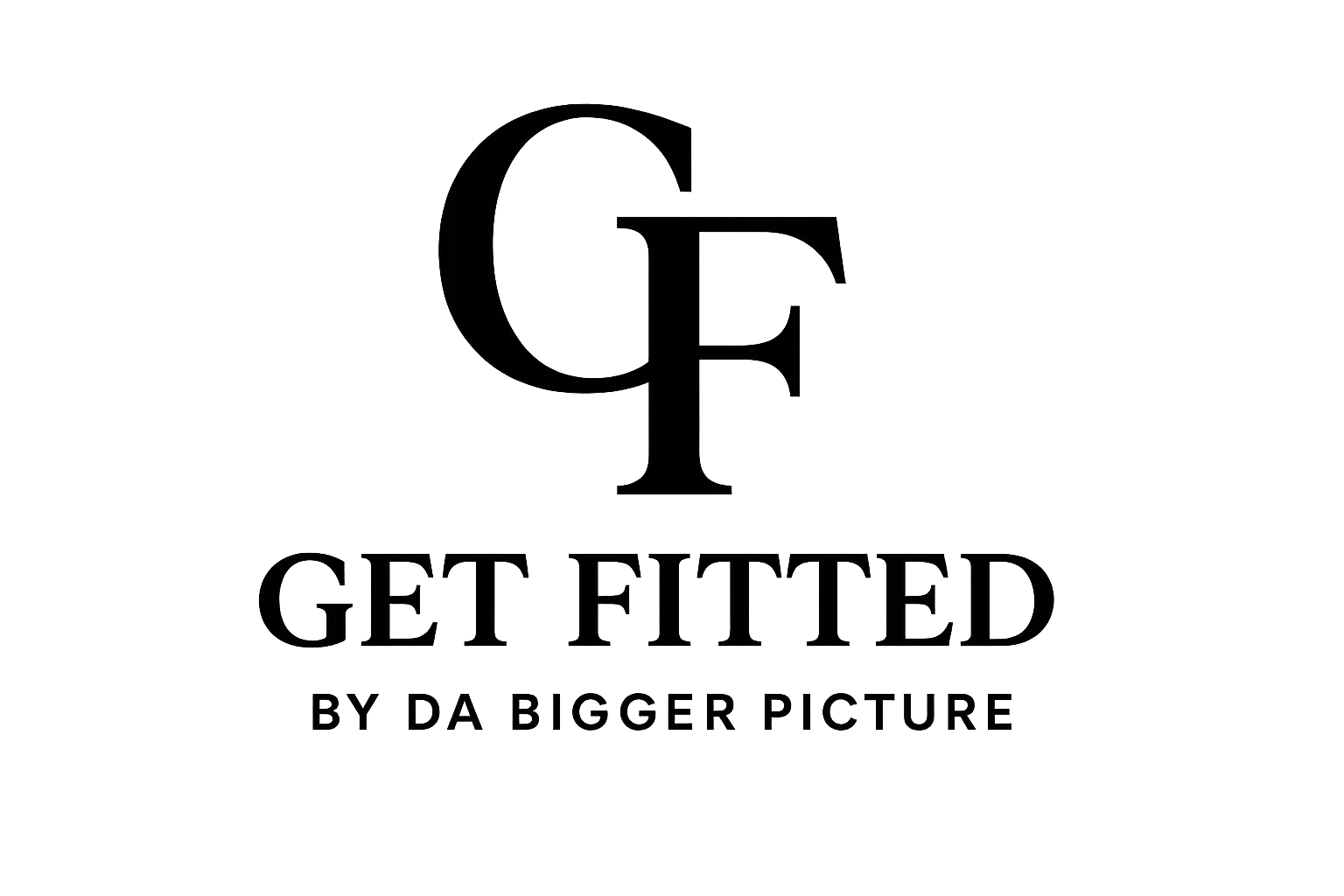 Black logo with large letter G in the center, the words 'GET FITTED' below it, and smaller text 'BY DA BIGGER PICTURE' at the bottom.