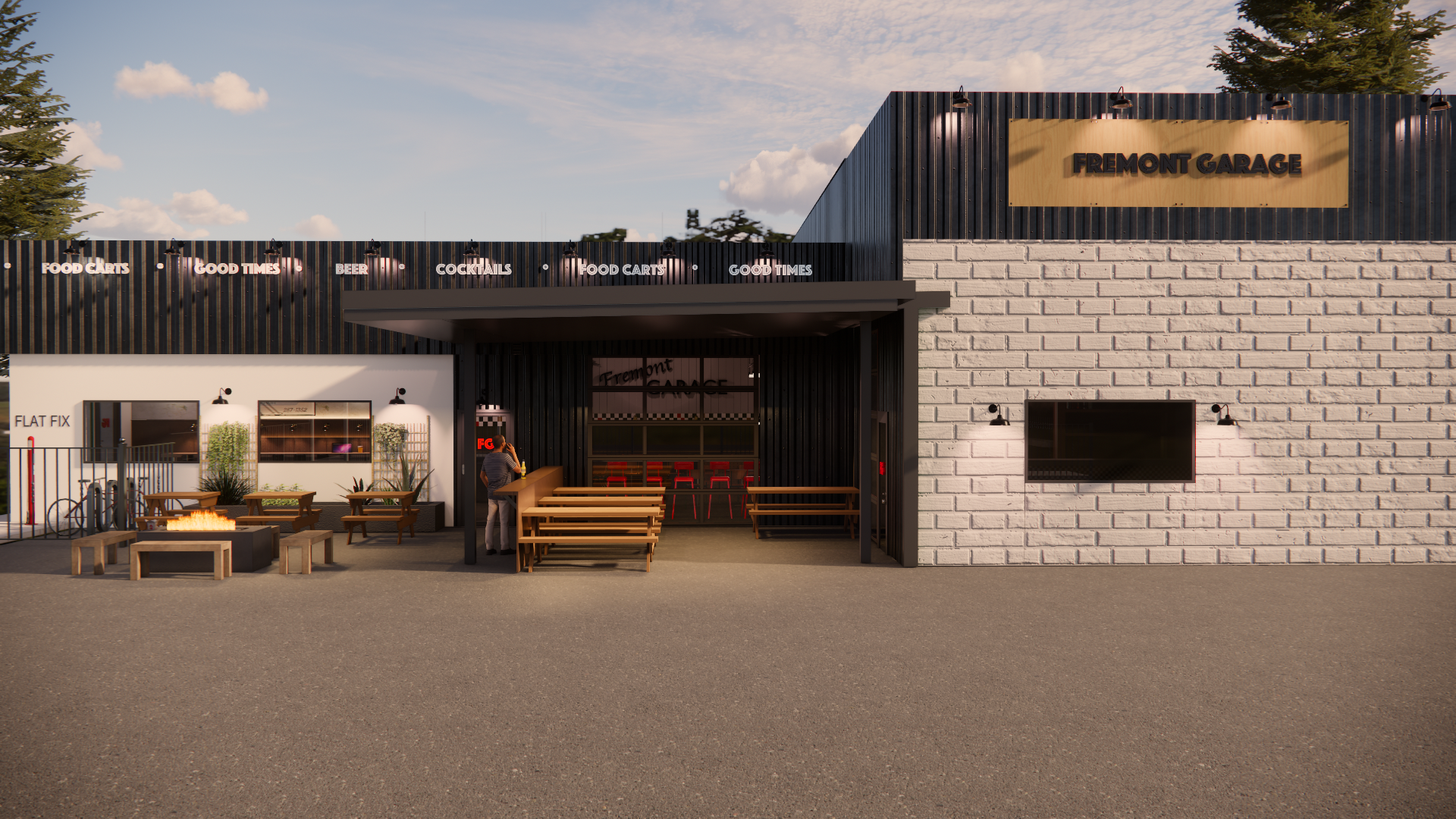 An outdoor restaurant or bar with a modern black and white exterior, featuring signage for food, drinks, and good times, with seating and a fire pit area.