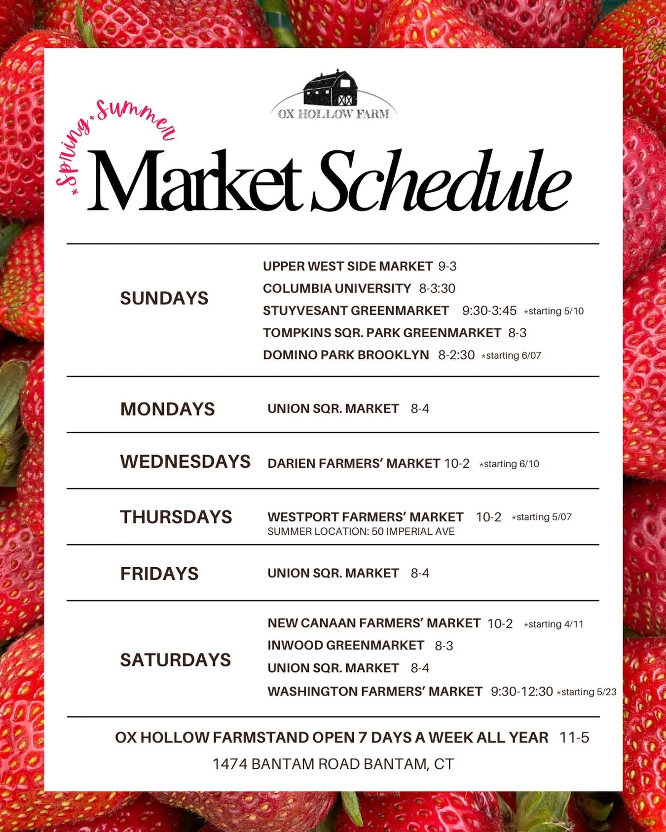 It&rsquo;s that time, folks! Our market schedule has shifted for the warm seasons. You might notice we&rsquo;re at our usual spots and added new ones! 

And of course, our farmstand is open 7 days a week, all year long.

❤️🐄🥕🐓🍅🐖🍓