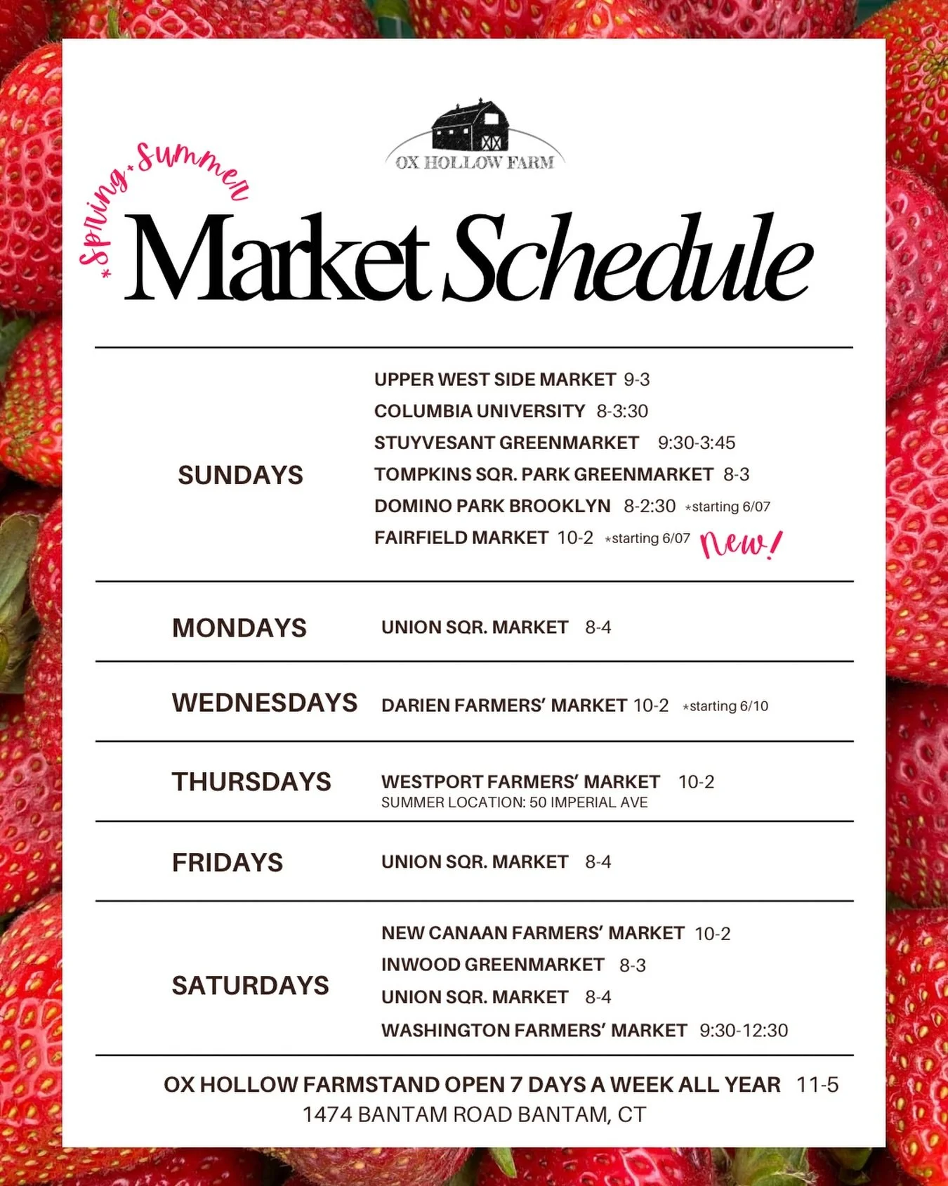 We&rsquo;ve added a new market to our schedule!

The Fairfield Market kicks off this Sunday and will be held on the Sherman Green every Sunday from 10&ndash;2pm through October 11th.

Domino Park Market in Brooklyn also starts this Sunday!

And of co