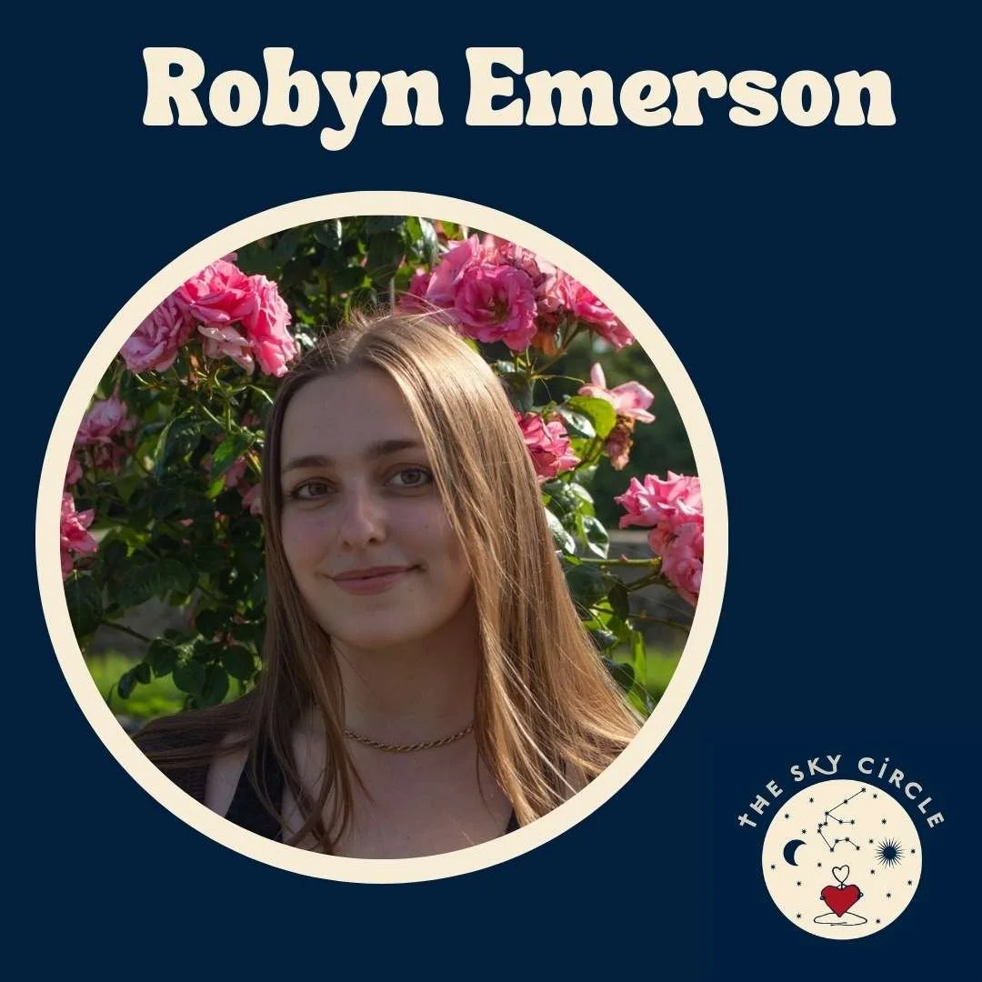A woman smiling in front of pink flowers with text 'Robyn Emerson' at the top and a logo for 'The Sky Circle' at the bottom right.