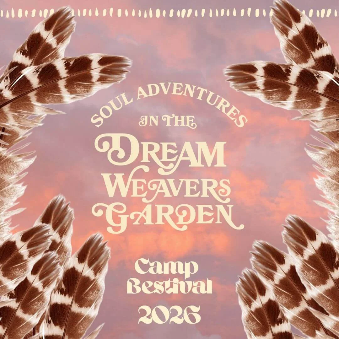 A pink and purple sky with feathers frame the edges. Text in the center reads, "Soul Adventures in the Dream Weavers Garden," "Camp Beseval," and "2026."