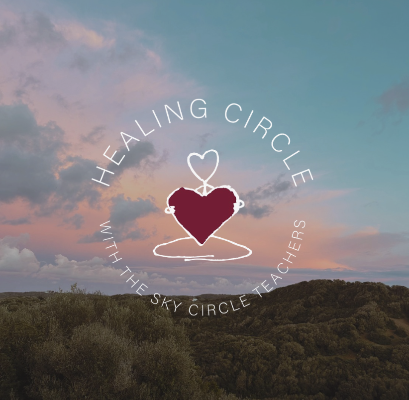Sky with clouds during sunset, with a logo of a heart inside a circle and the words 'Heart Healing Circle' and 'Within the Sky Circle Teachers' around it.