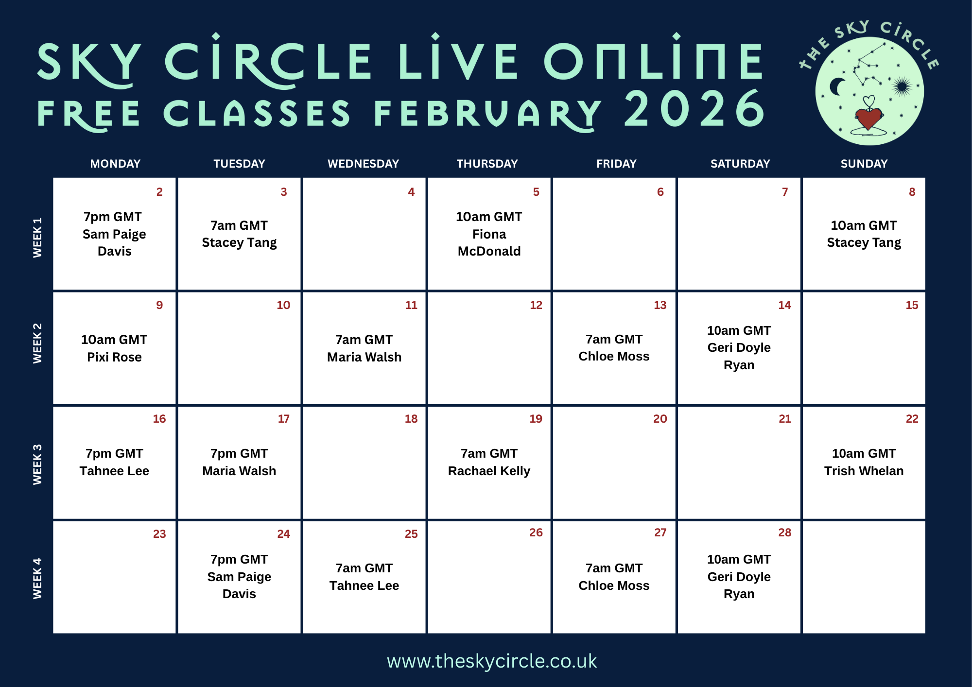 Calendar for February 2026 showing free online sky observation classes hosted by Sky Circle, with dates, times, and instructor names for each session, organized weekly.