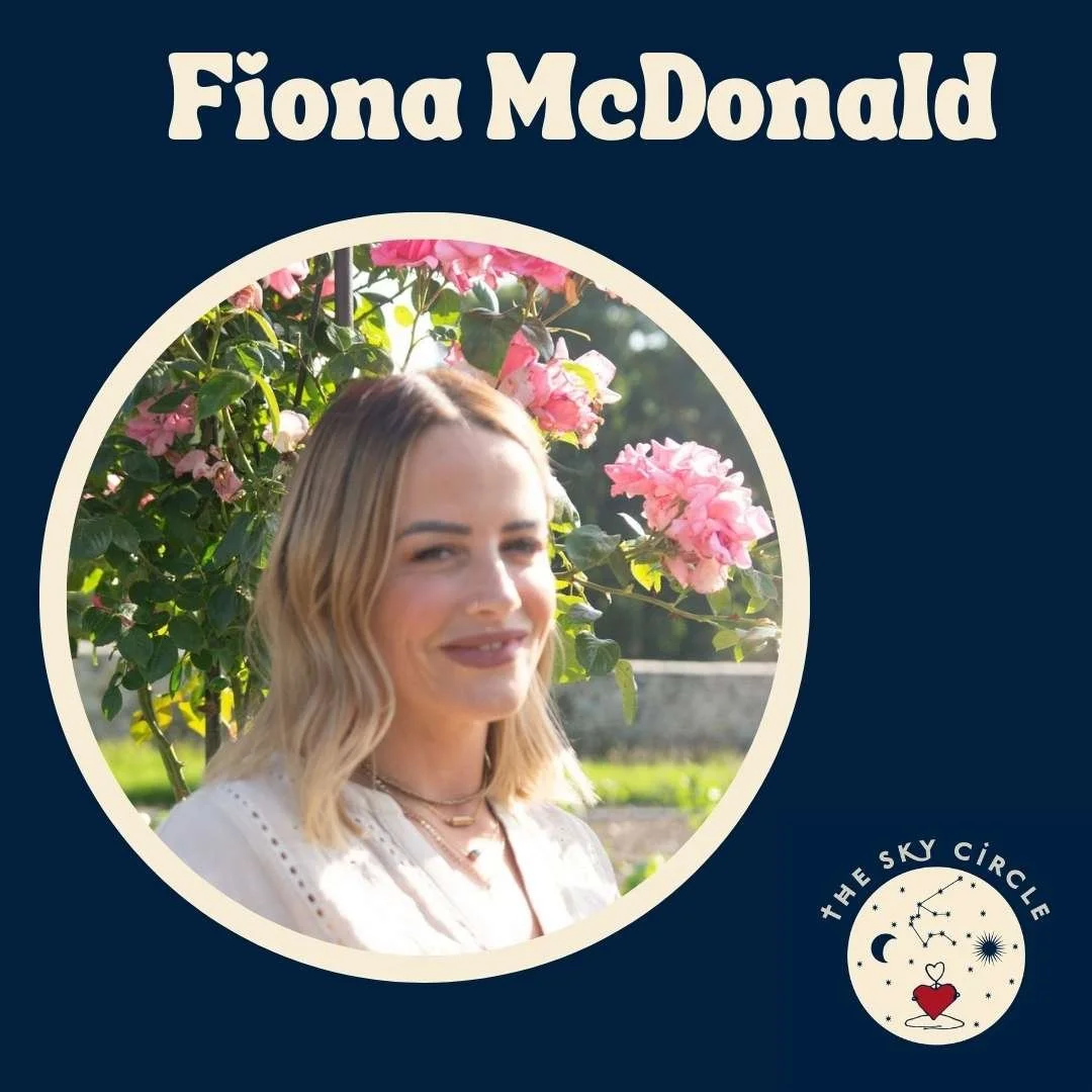 Book cover with a photo of Fiona McDonald and floral background and a logo for The Sky Circle.