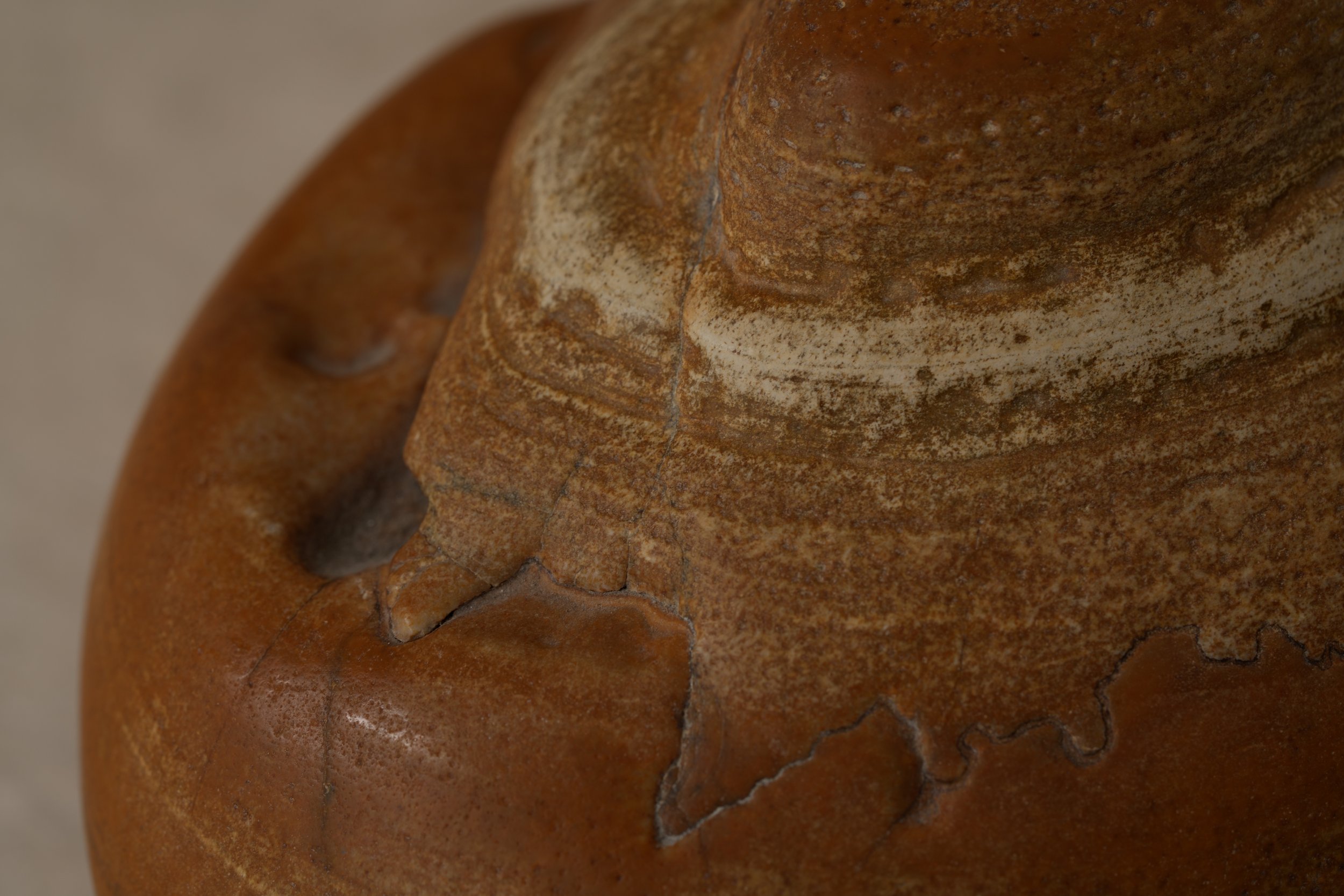 Close-up of a carved stone sculpture showing detailed textures and weathering.