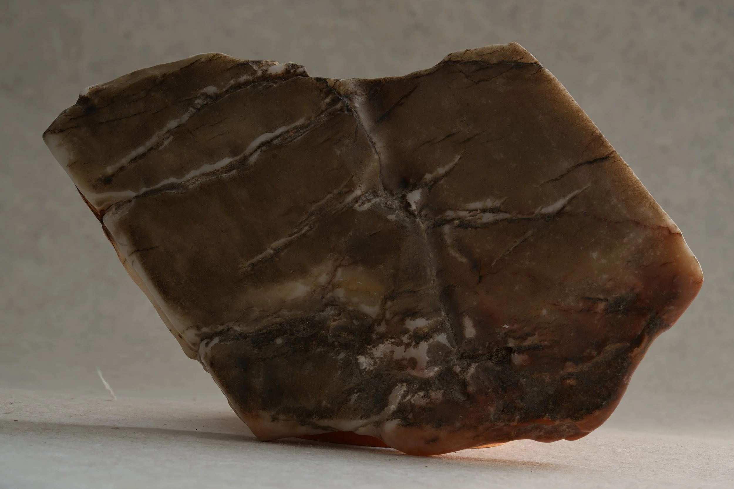 Close-up of a polished brown and white marble stone with natural veining, set against a neutral background.