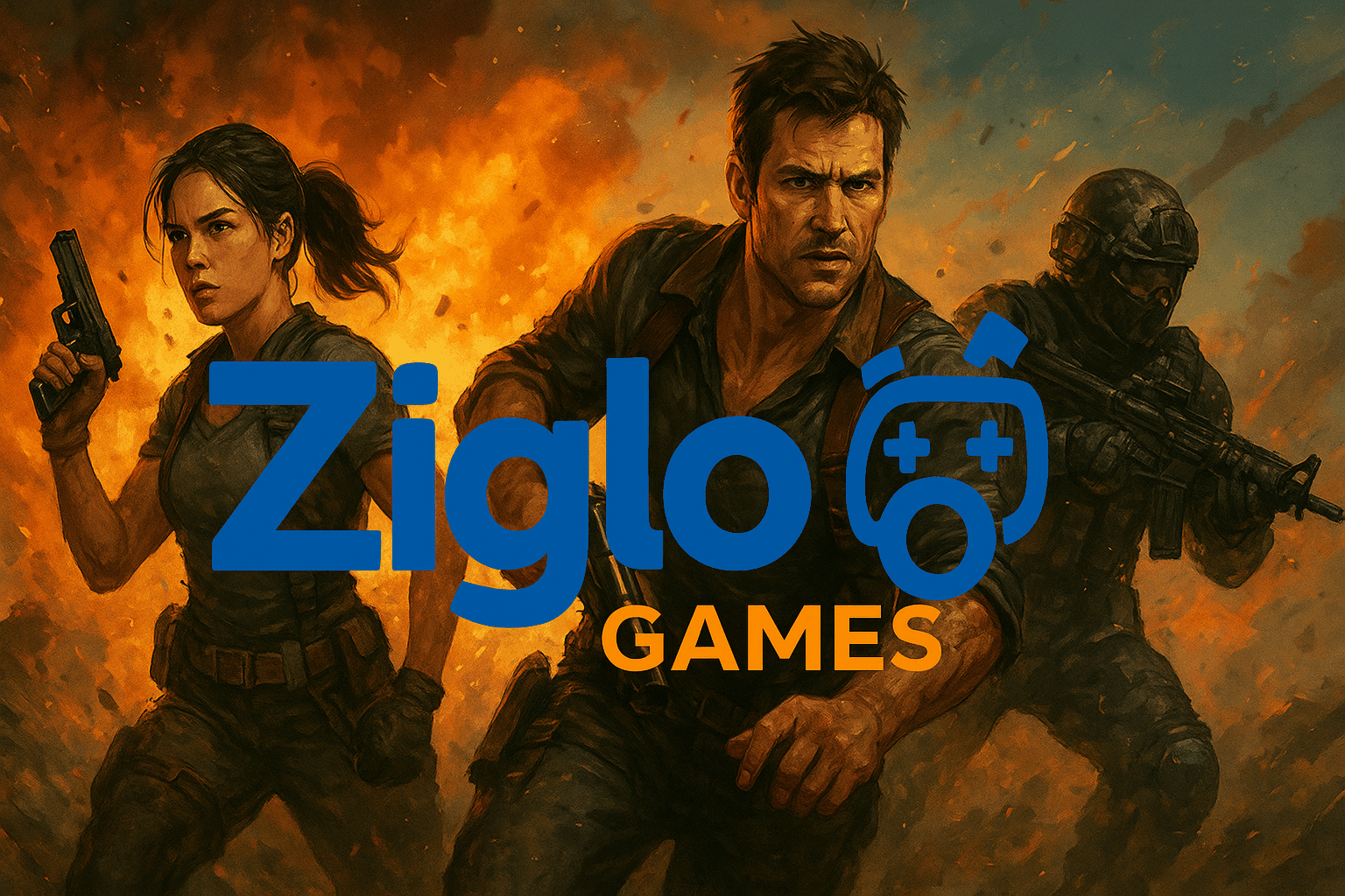 Three characters from a video game in military gear, with a fiery explosion in the background, overlaid with the text 'Zylo GAMES' and a gaming controller icon.