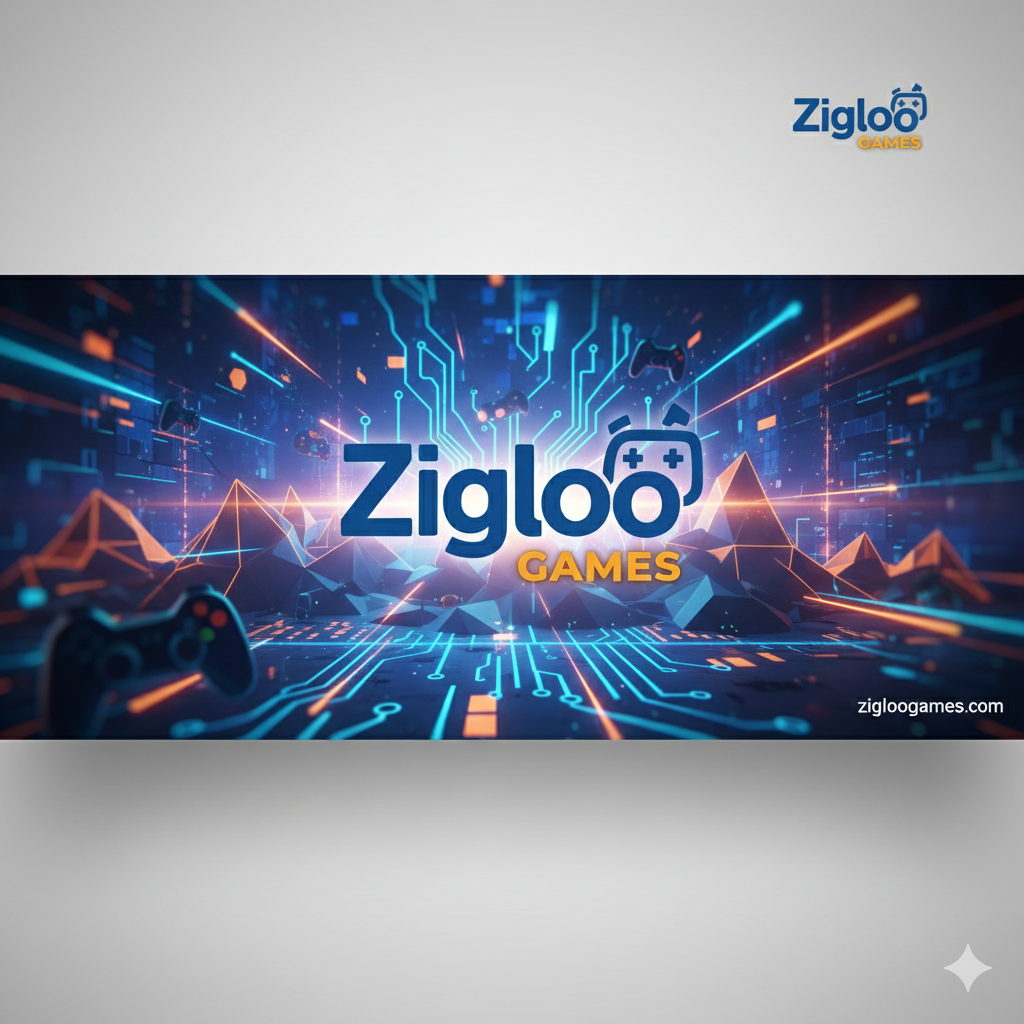 Digital graphic promoting Zigloo Games with a futuristic background, game controllers, and circuitry design.