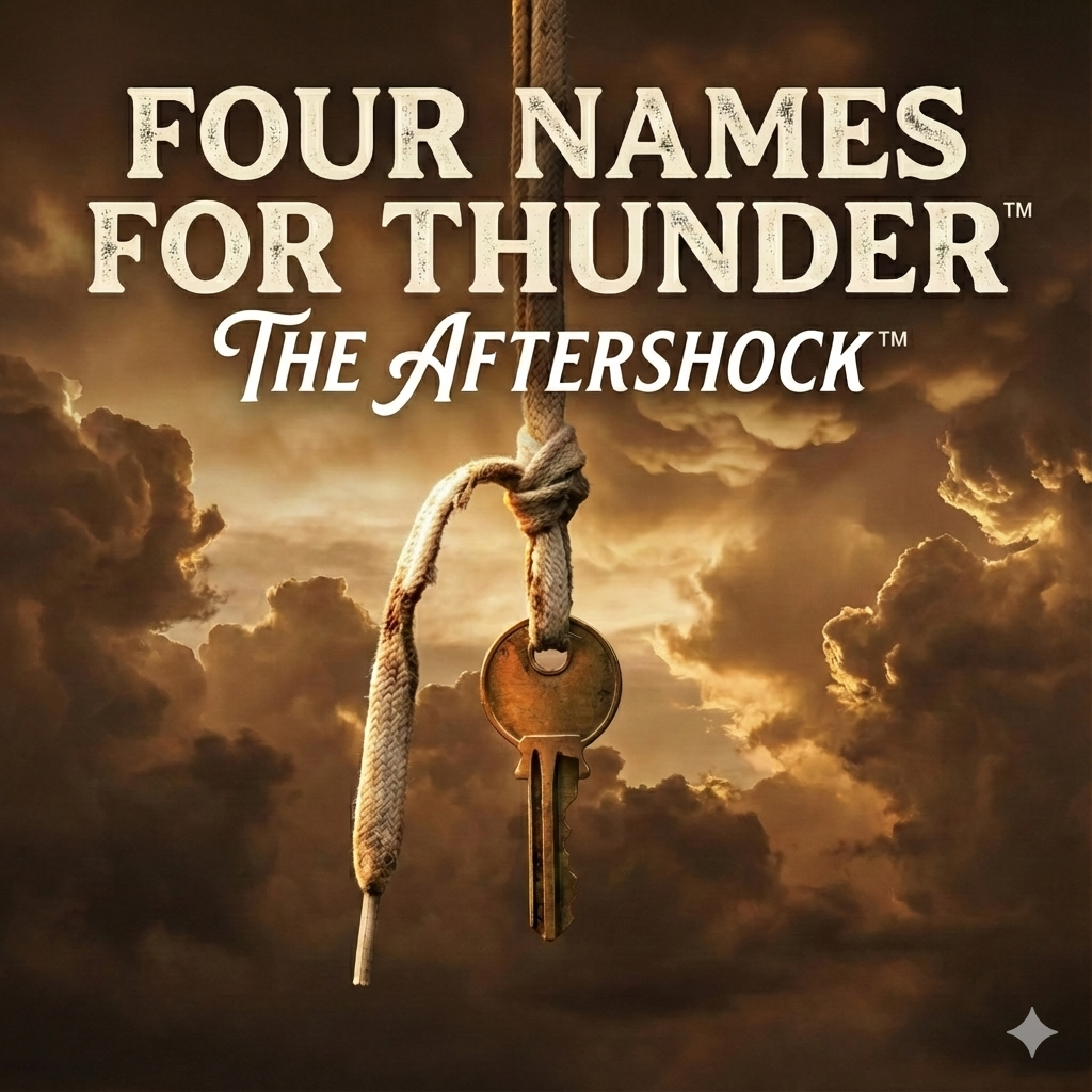 Book cover for 'Four Names for Thunder: The Aftershock' featuring a hanging key attached to a frayed rope in front of a cloudy, stormy sky.