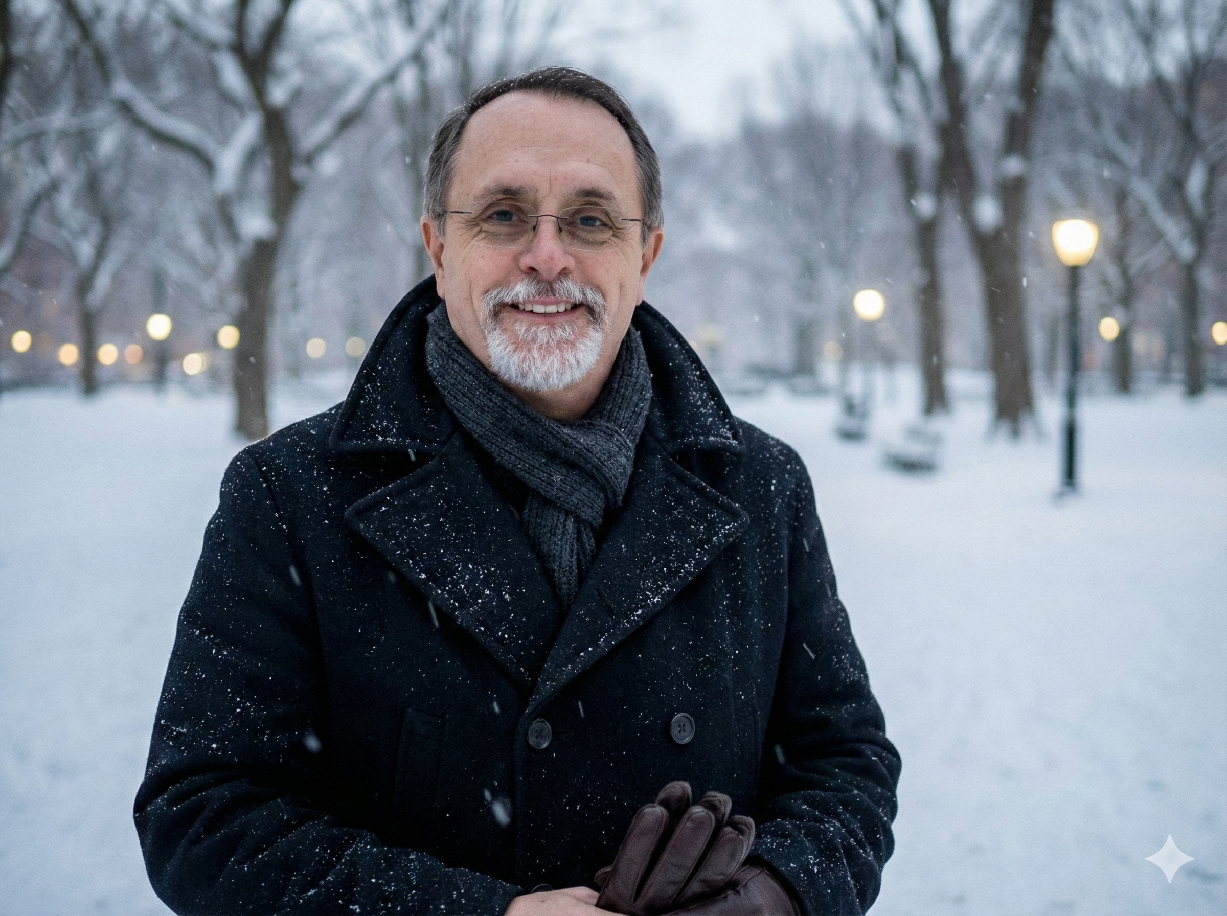 A smiling man with glasses, gray beard, and mustache wearing a black winter coat, scarf, and gloves, standing outdoors in a snow-covered park at dusk or dawn with snow on his coat and glasses, and trees, park benches, and street lamps in the background.