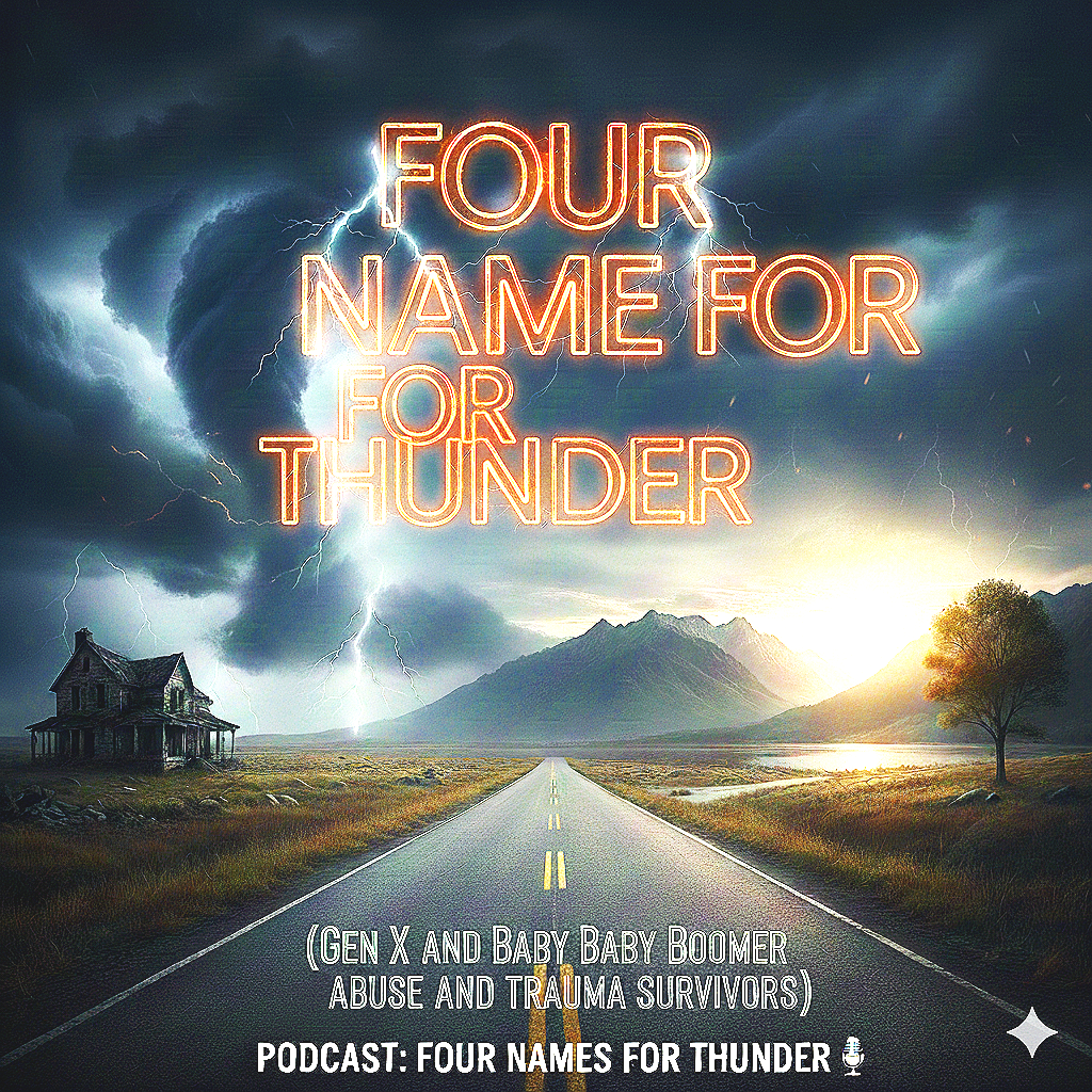 The cover of a podcast titled 'Four Names for Thunder' featuring a stormy landscape with dark clouds, lightning, a deserted road, an old house, a tree, mountains, and a sunset, with the text in neon style.