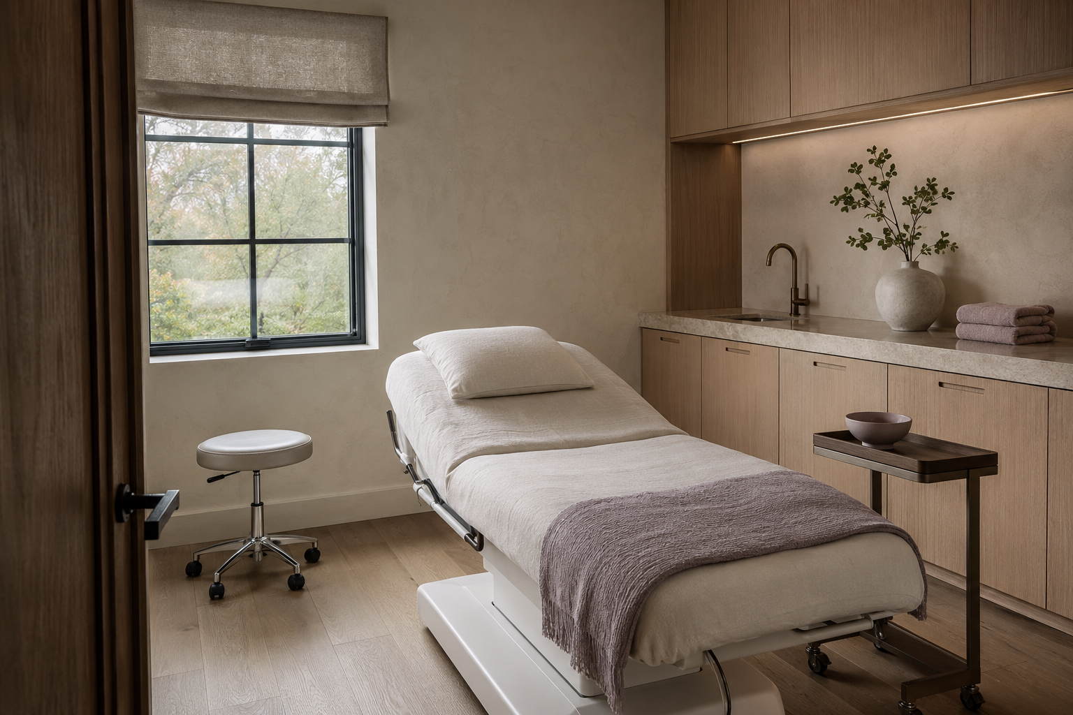 Spa or massage room with a massage bed, a stool, a side table with a bowl, a window with a view of trees, and a kitchenette with a vase of greenery, towels, and a sink.