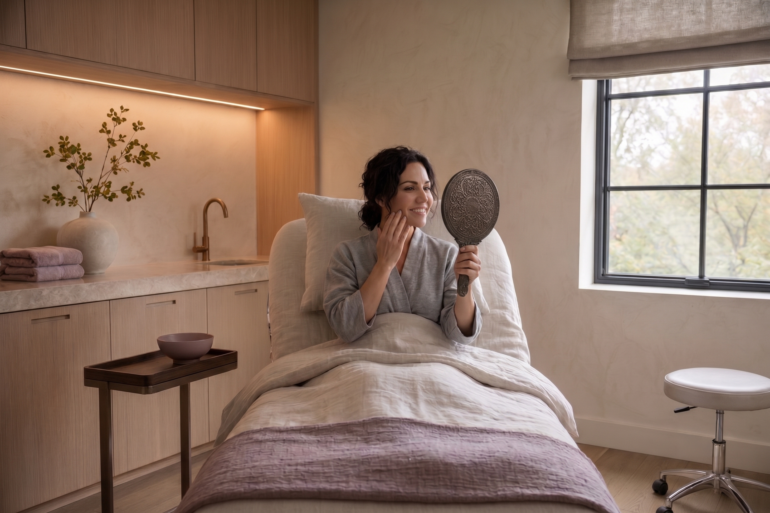 A woman sitting on a hospital bed, holding a decorative mirror, smiling, in a room with natural light from a large window, beige walls, and wooden cabinets.