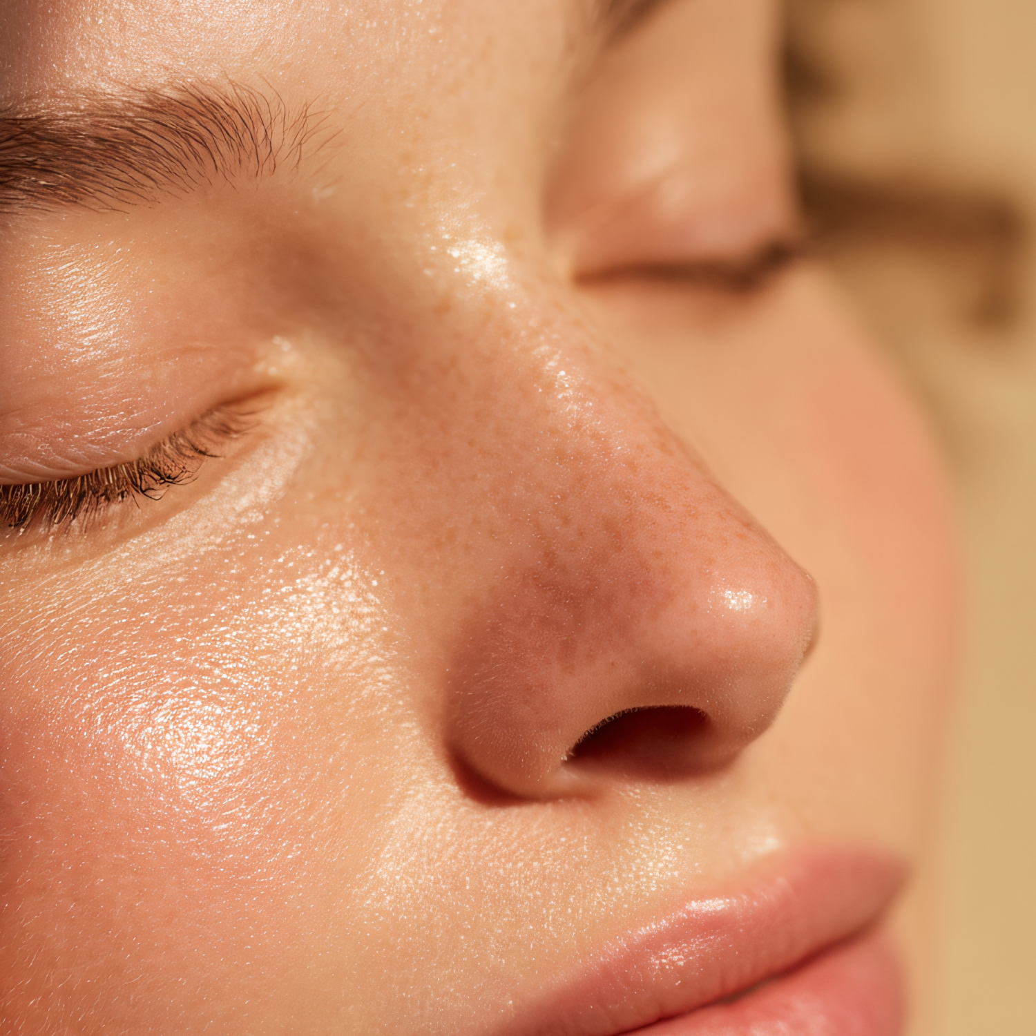 Close-up of a woman's face with closed eyes, showing clear, glowing skin, freckles, and full lips.