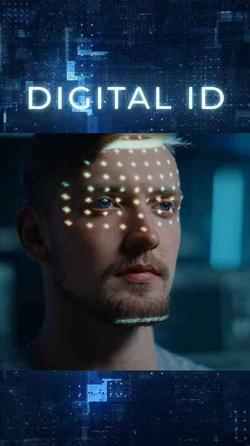 A computer-generated image showing the words "DIGITAL ID" above a man with a glowing digital facial scan projected onto his face, signifying digital identification technology.